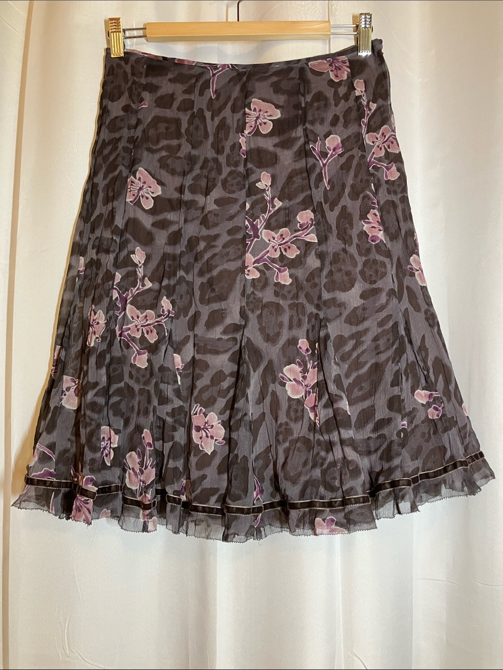 Gianni Bini Subtle Brown Animal Print With Pink Cherry Blossoms. Pleated Skirt.